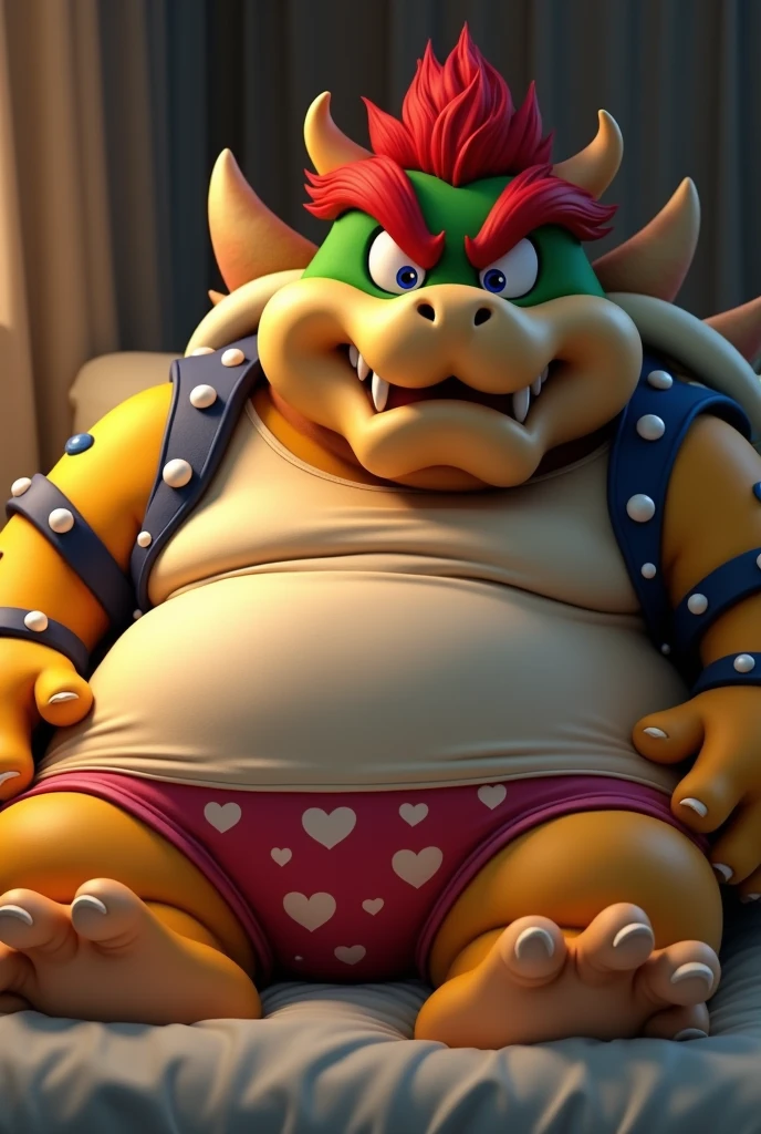 Bowser from Super Mario, morbidly obese, huge round belly, huge moobs, embarrassed, blushing, heart underpants, laying in a bed, tight short sleeves t-shirt