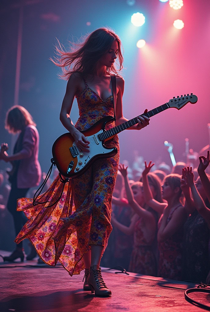 awesome beautiful nerdy young woman playing guitar in a punk concert  wearing a Stunning  colorful geometric floral pattern dress in acuarela style, beautiful, incredible realistic forms and textures. Excessive detailed,, best quality, 12k, hdr+, accurate photo
