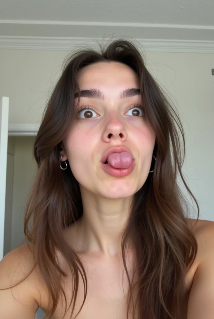 Amateur photography of a young woman with long, dark brown hair that falls loosely over her shoulders. She has a light skin tone and a youthful appearance, with a slightly flushed complexion. Her eyes are wide open, looking upward and to the left, with a playful, mischievous expression. She has her tongue out, sticking it playfully to the side. Her eyebrows are well-groomed, and she wears small, silver hoop earrings. The woman appears to be topless, though her shoulders and upper chest are visible, indicating a nude state. Her breasts are not visible in the frame.,
The background is minimalistic, consisting of a plain white wall with a subtle texture and a white ceiling with crown molding, indicating an indoor setting, possibly a bedroom or bathroom. The lighting is soft and even, casting gentle shadows and highlighting her features. The overall mood of the photograph is light-hearted and playful, capturing a candid moment of youthful exuberance.,