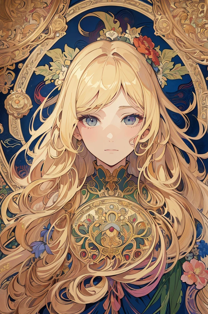 European woman face portrait, Long Curly Hair, blonde, Floral frame, Decorative panel, Abstract art, Alphonse Mucha (masterpiece, Highest quality, High resolution: 1.4), detailed, 複雑なdetailed, 4K, Color Splash, Line art, Fibonacci, In underwear