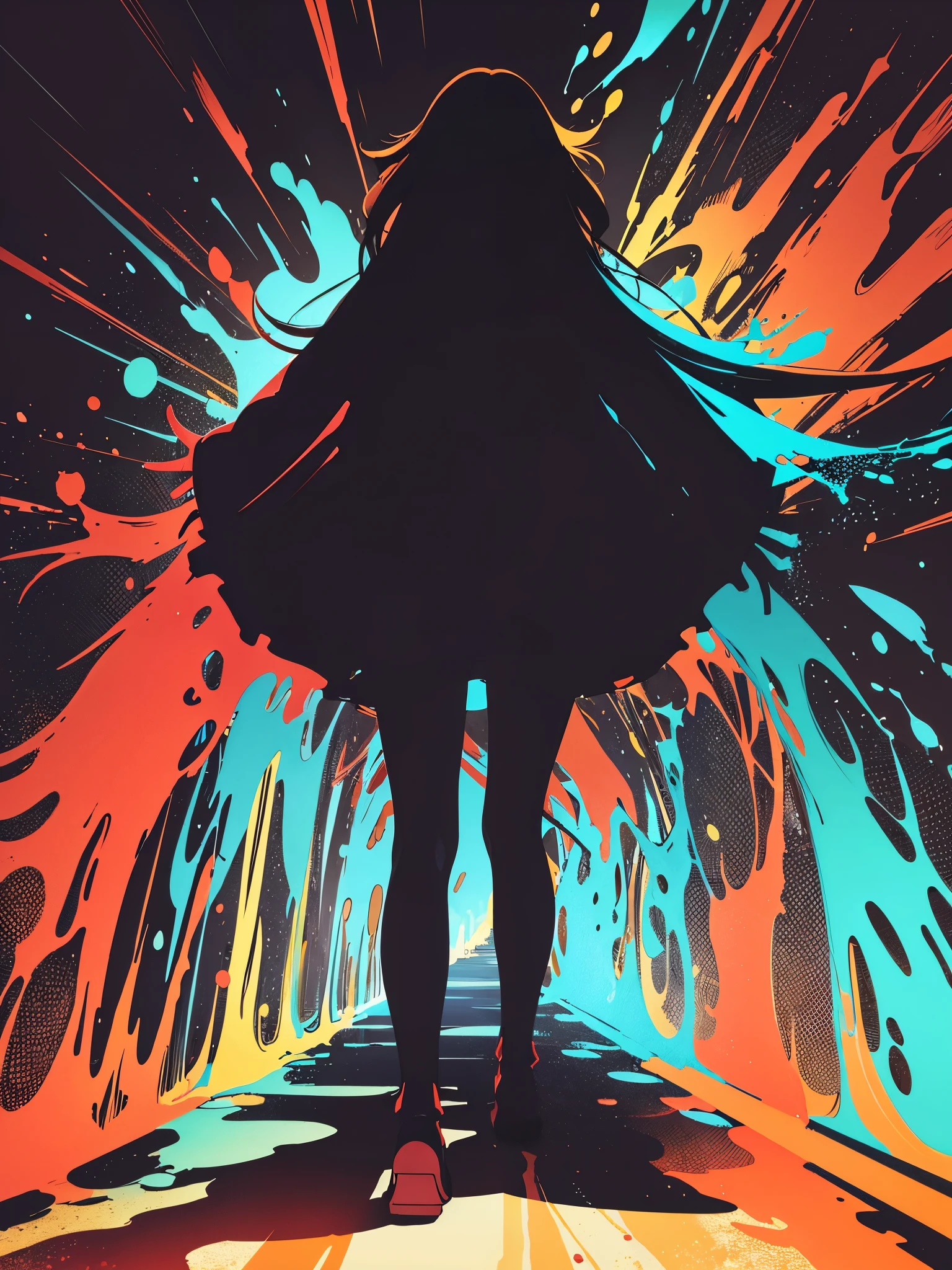 Highest quality、Flat color illustration、Brightly colored splash art、The shadow of a standing girl's back、Detailed female facial expressions、Stars around the woman々、Stardust、Dazzling、Vivid and colorful clouds、Backlight、polarized light、Highly detailed and colorful、Fantasy、Fantasyなライティング