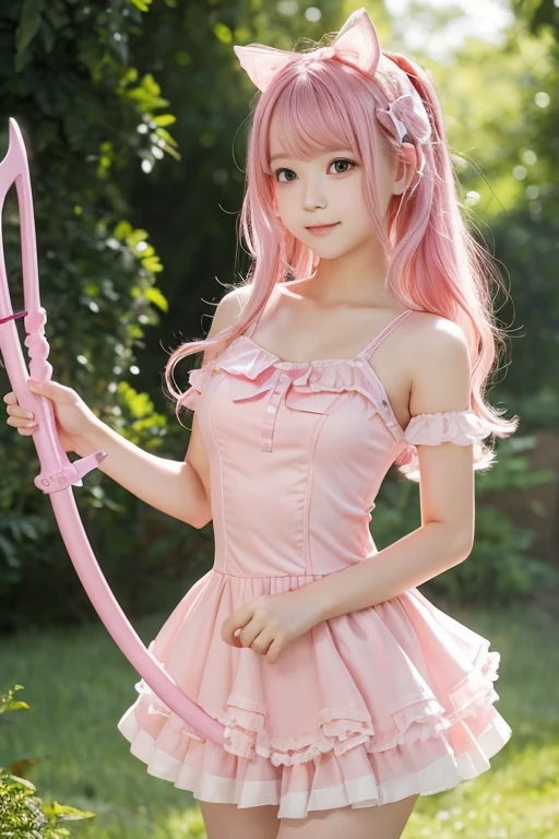 Girl with pink hair,ゴージャスなMagical girlの衣装, Pink dress with ribbons and frills, I have a magic wand in my hand, Pink heart on the end of a stick, Magical girl, , Gentle expression, Small breasts, Adult, Fairy