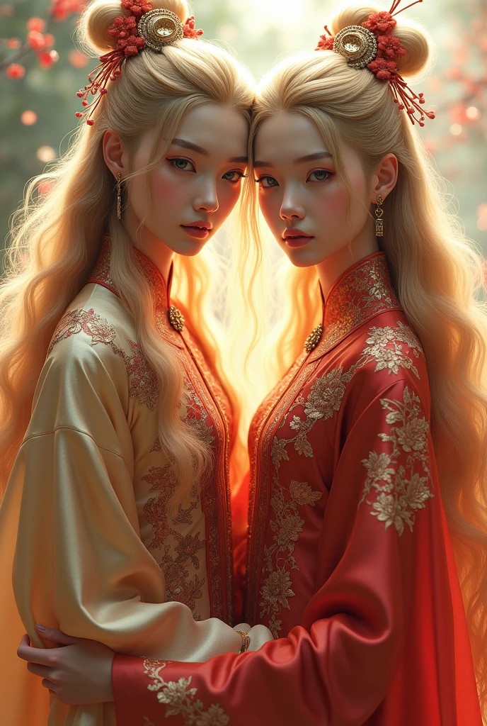 Young men twins, (((gold and red dress))), flowers, jewelry, long sleeves, wide sleeves, chinese clothes, hanfu, embroidery, long skirt, long flowing gold hair, detailed face, detailed beautiful eyes, (intricate:1.3), (arcane aura:1.2), (dreamlike:1.3), (subtle mist:1.1),(vibrant colors:1.2), (detailed hair:1.3), (ultra realistic details:1.5),