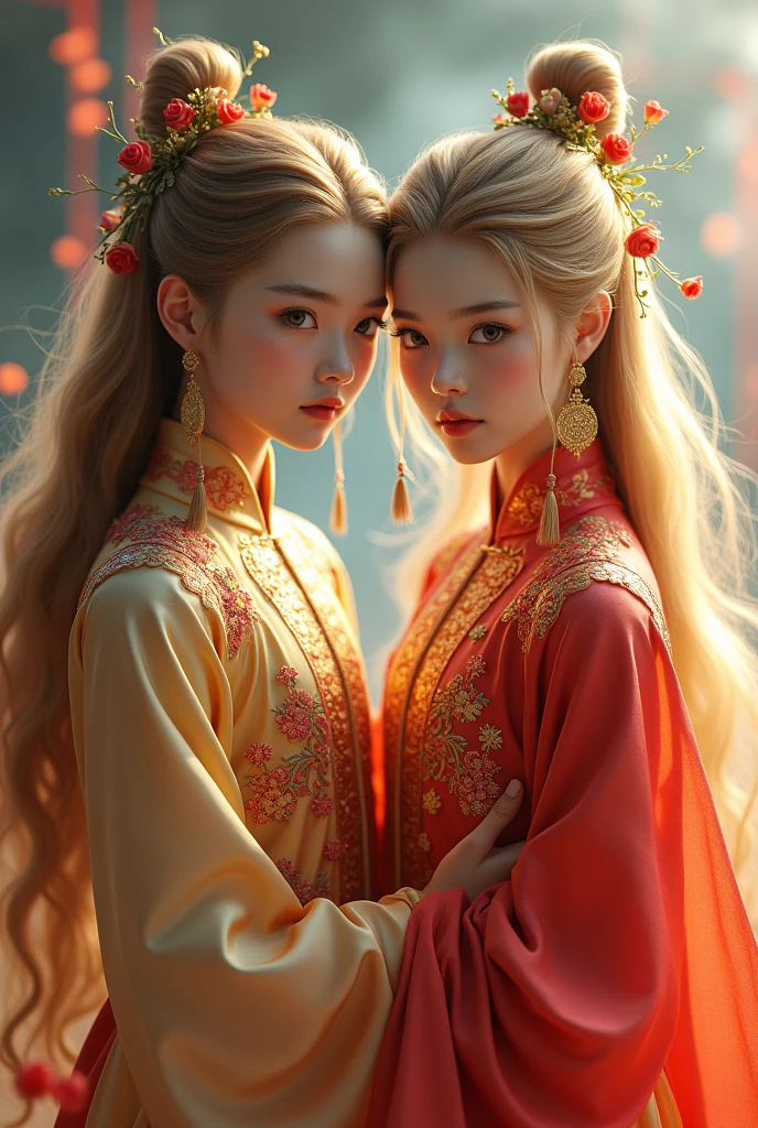Young men twins, (((gold and red dress))), flowers, jewelry, long sleeves, wide sleeves, chinese clothes, hanfu, embroidery, long skirt, long flowing gold hair, detailed face, detailed beautiful eyes, (intricate:1.3), (arcane aura:1.2), (dreamlike:1.3), (subtle mist:1.1),(vibrant colors:1.2), (detailed hair:1.3), (ultra realistic details:1.5),