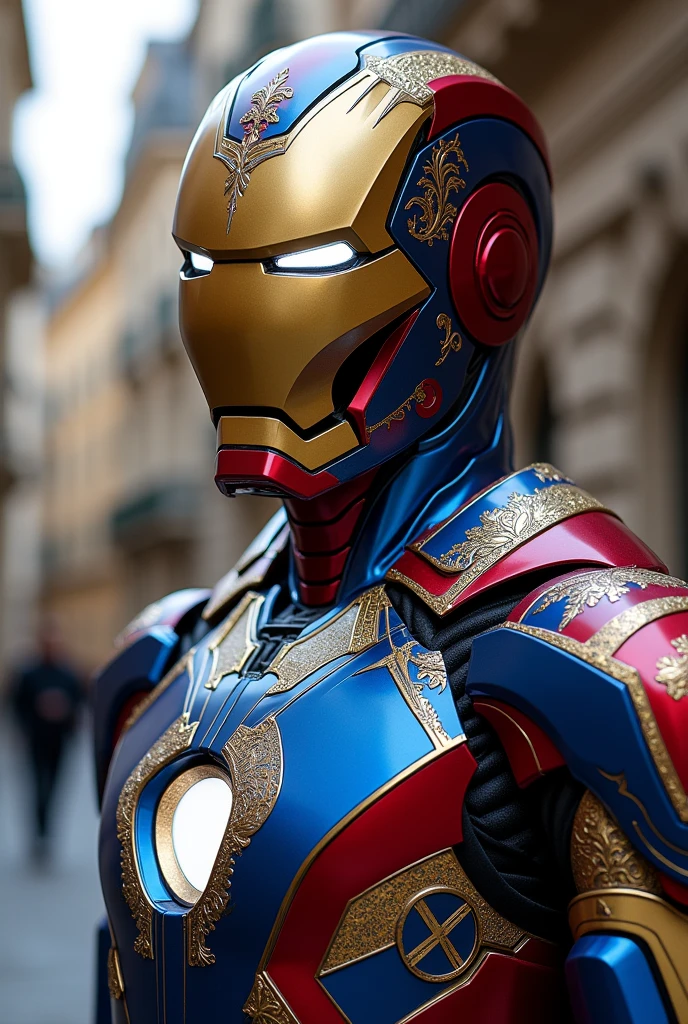 Imagine Iron Man as France, with armor that embodies French elegance and sophistication. Incorporate the blue, white, and red of the French flag, with a sleek, stylish design that suggests high fashion and advanced technology. Add subtle artistic details to reflect French culture and artistry. with mask