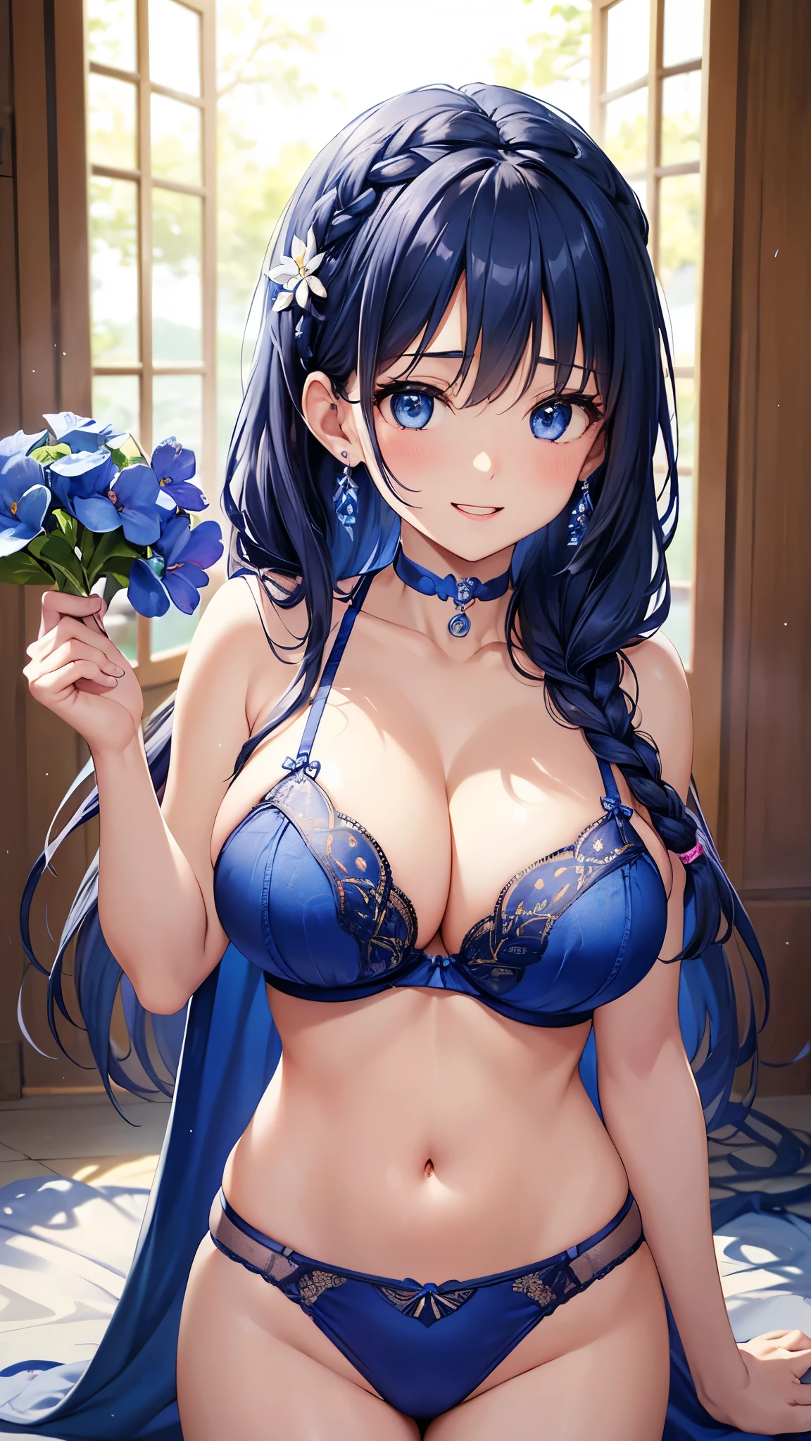 Highest quality、Highest quality、masterpiece、(8k resolution),beauty(Age 25)、(Mature Appearance)、Long Hair(Braiding of the sides)、blue eyes、(Underwear with intricate embroidery、bra)、Big cleavage、((Super big breasts))、smile、blue necklace、Blue Earrings、background(flower)、Please open your mouth wide、Dynamic pose、Blue choker、