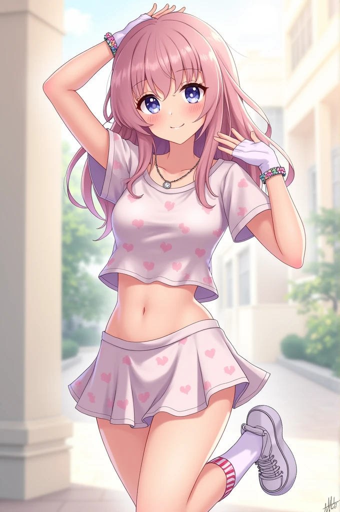 1girl,, twintail,s detailed eyes, tight shirt, school uniforms,miniskirt,school hallway,lrge breasts, sagging breasts,(makeup:1.1),lipstick,center open,midriff ,smirk,groin,Condom belt