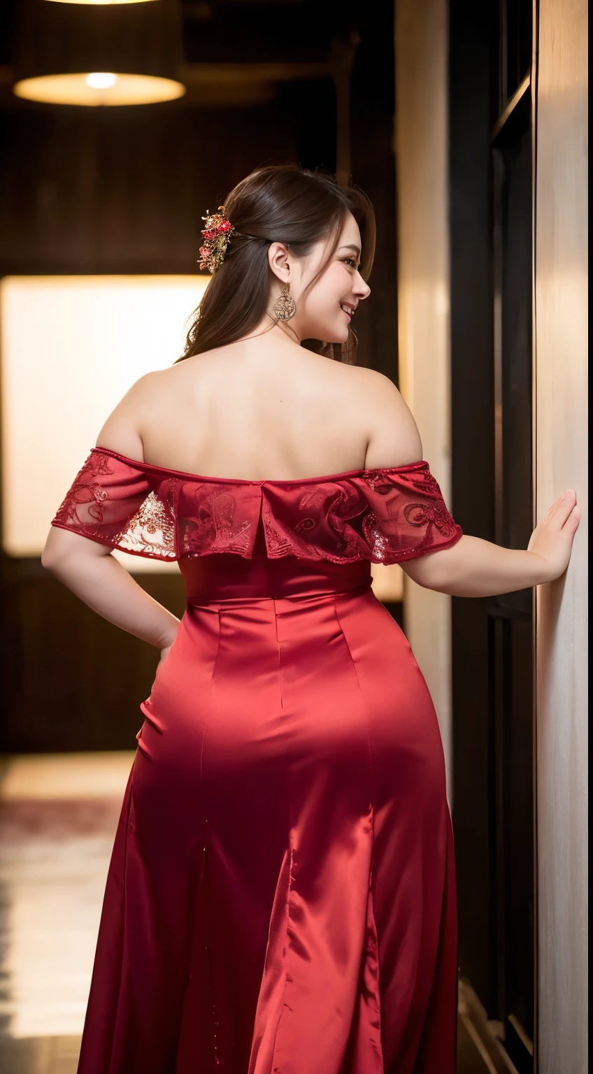 Realistic female college student in formal clothes、Chubby body type、Plump、big、height　155cm、maternal、A kind smile、((Long dresses、Glowing red、Gorgeous Dress、Off the shoulder))、Walking the hallway、Shooting from behind、From behind、back、Laughter, View your viewers, RAW Photos, (8k、Highest quality、masterpiece:1.2)、(Intricate details:1.4)、(Photorealistic:1.4)、Octane Rendering、Complex 3D rendering with ultra-detail, Studio Soft Light, Rim Light, Vivid details, Super Detail, Realistic skin texture, Detailed aspect, Beautiful details in the eyes, Highly detailed CG Unity 16k wallpaper, compensate, (Detailed Background:1.2), Glowing Skin、looked back、