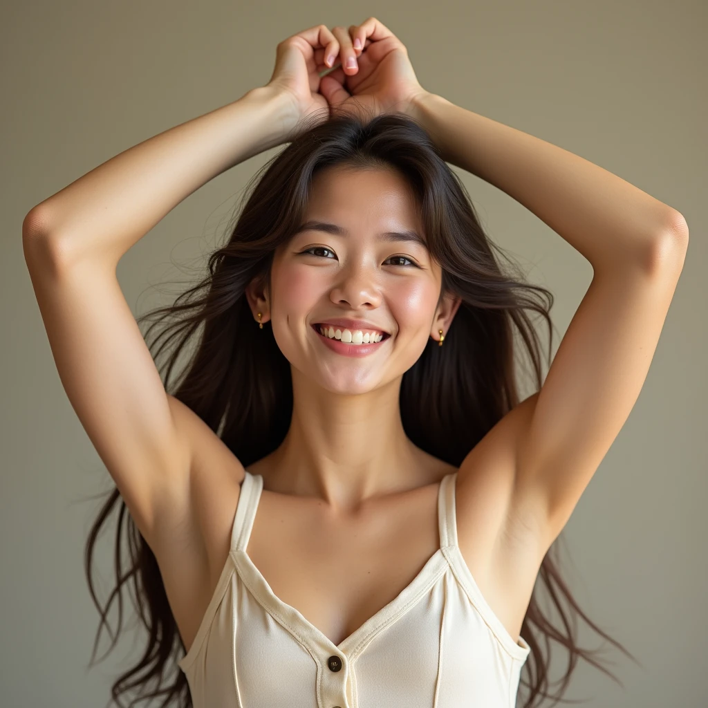 Young woman, beautiful and cute, raising her arms, realistic image, real person