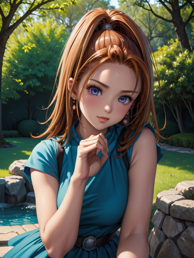 (best quality, 4k, high resolution, masterpiece:1.2), vibrant colors, soft lighting, serene garden, blooming flowers, sunlight filtering through trees, gentle breeze, flowing dress, summer afternoon, expressive hand gestures, natural beauty, daydreaming, peaceful atmosphere, detailed background, intricate patterns, subtle shading, realistic textures, lifelike skin tones, delicate shadows, crisp edges, captivating gaze, cheerful demeanor, youthful energy, harmonious composition, enchanting artwork, mesmerizing realism, delicate brushstrokes, precise details, elegant pose, artistic interpretation, compelling storytelling, emotional depth, timeless elegance, captivating charm