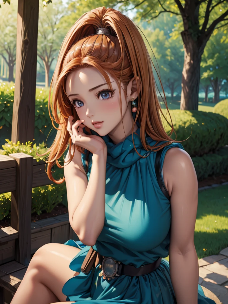 (best quality, 4k, high resolution, masterpiece:1.2), vibrant colors, soft lighting, serene garden, blooming flowers, sunlight filtering through trees, gentle breeze, flowing dress, summer afternoon, expressive hand gestures, natural beauty, daydreaming, peaceful atmosphere, detailed background, intricate patterns, subtle shading, realistic textures, lifelike skin tones, delicate shadows, crisp edges, captivating gaze, cheerful demeanor, youthful energy, harmonious composition, enchanting artwork, mesmerizing realism, delicate brushstrokes, precise details, elegant pose, artistic interpretation, compelling storytelling, emotional depth, timeless elegance, captivating charm