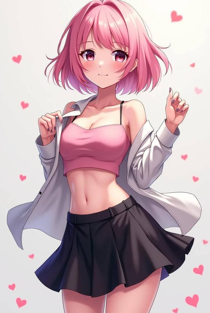 Hot Anime girl , black skirt , pink short shirt , standing position , open shirt two battans , blessings