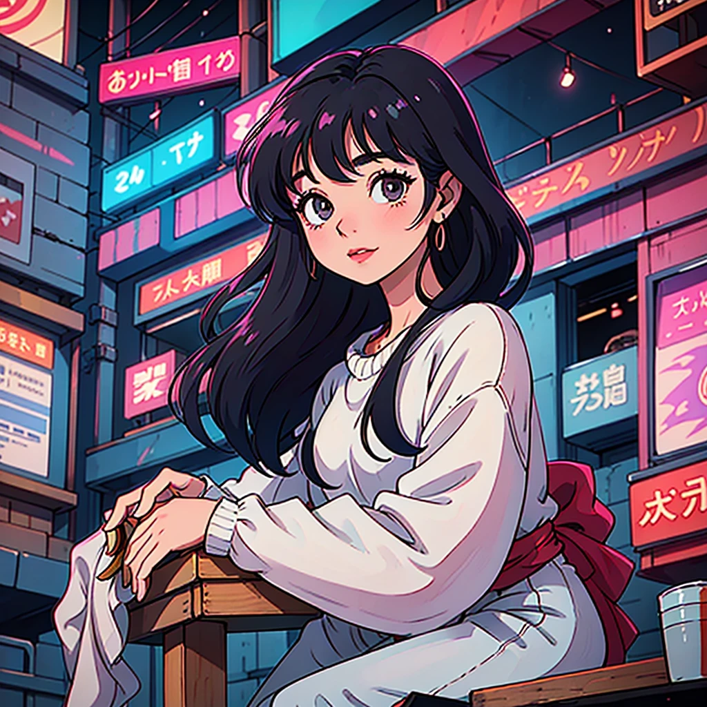 A young Japanese beauty sips beer from a beer jockey in an 80's anime-inspired setting. She sits on a wooden stool, surrounded by neon-lit cityscapes at dusk. The beer jockey is held elegantly between her fingers, with a subtle smile playing on her lips. Her long black hair flows like silk in the soft glow of the city lights, while her bright pink dress adds a pop of color to the scene.