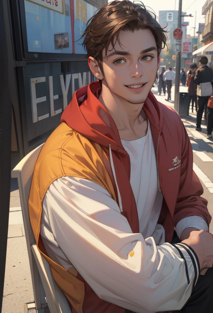 (masterpiece, ultra high res, 16k uhd, high quality),low key,commute,ad,tv,standing,looking at viewer,Hoodie,masterpiece,in the restaurant,sitting,(brown hair),black eyes,turn to the back,smile,Seoul,(small head),Precise human body structure,Precise hand structure,(duck egg face),Light-colored clothing,red coat,yellow top,Unity 16K Wallpapers,Concept Art,A person,8K eyes,Grassland,Dress,Park,Bench,Pigeons,(((mature male))),((big eyes:1.3)),(short hair),((1 American mixed-race man)),Sweatpants,(Realistic face:1.8),Wide Shoulders,Single,(whole body:1.6),andriod 18,