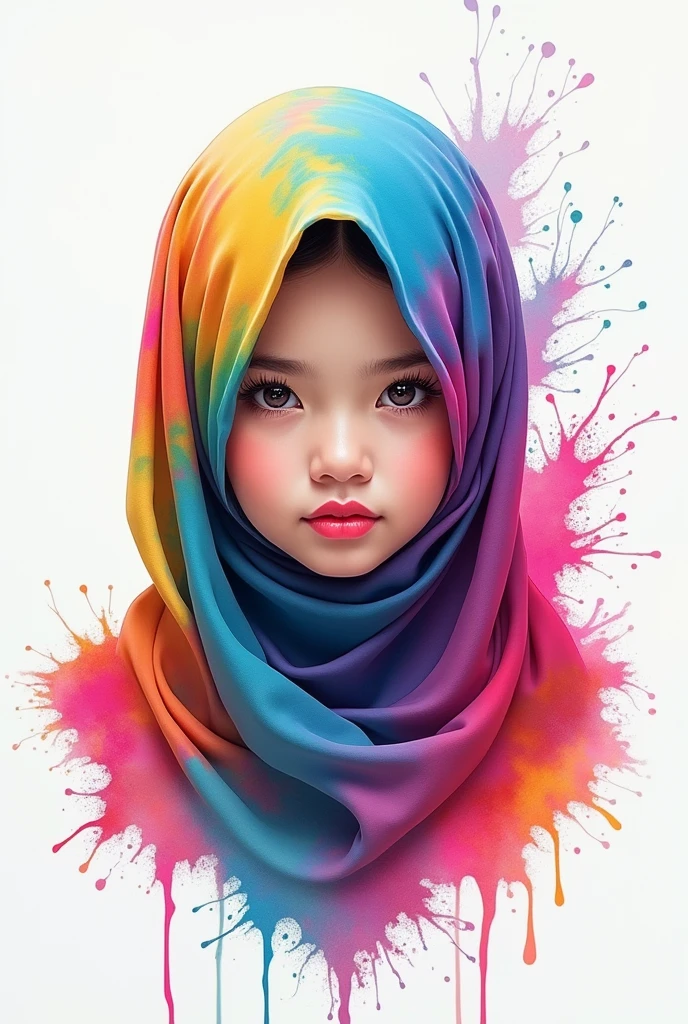 (Masterpiece, Best Quality, High Resolution), White Background, ((Paint Splash, Color Splash, Splash of Ink, Color Splash)), Sweet malay Girl hijab, Rainbow Hair, Pink Lips, Front, Upper Body, hijab