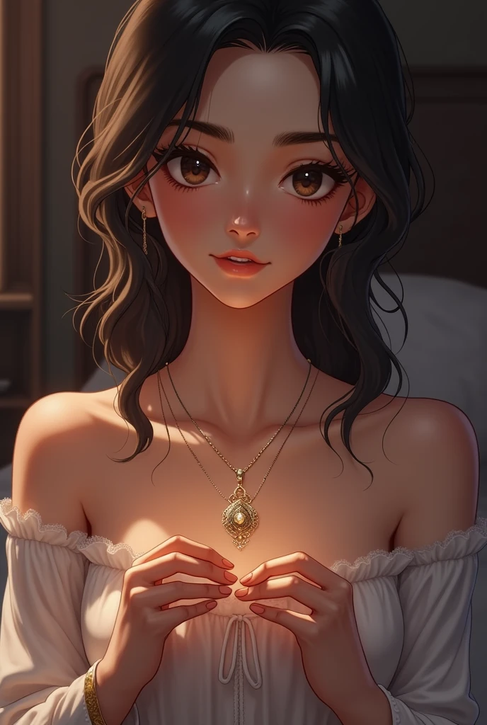 a mature girl borrowing a necklace from another girl, highlight the necklace more