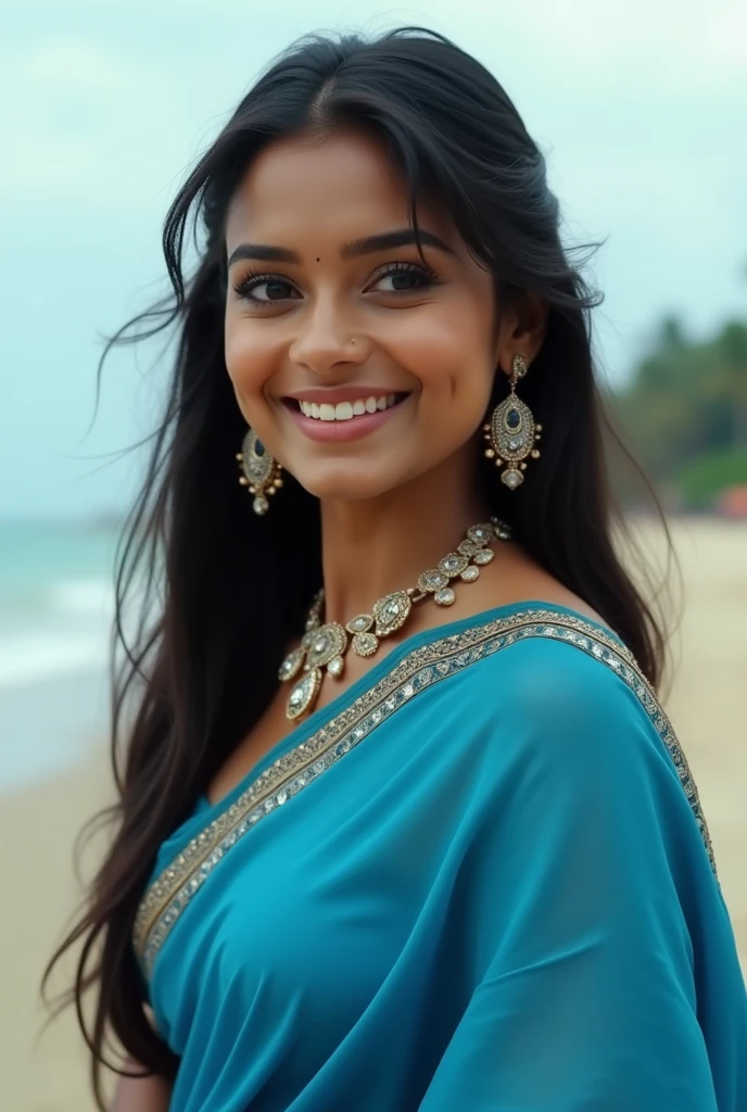 1girl, beauty, indian saree, blue color saree, ((tight blouse)), gorgeous, black hair, earrings, jewelry, long hair, looking at viewer, makeup, smile, solo, beach,, RAW candid cinema, 16mm, color graded portra 400 film, remarkable color, ultra realistic, textured skin, remarkable detailed pupils, realistic dull skin noise, visible skin detail, skin fuzz, dry skin, shot with cinematic camera,
