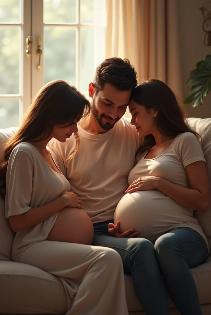 Draw me a 9- woman sitting on the couch, caressing her huge pregnant belly, her husband next to her gently caressing this huge belly, and a couple sitting next to them, and the woman in this couple caressing her pregnant belly while her husband kisses her pregnant belly.