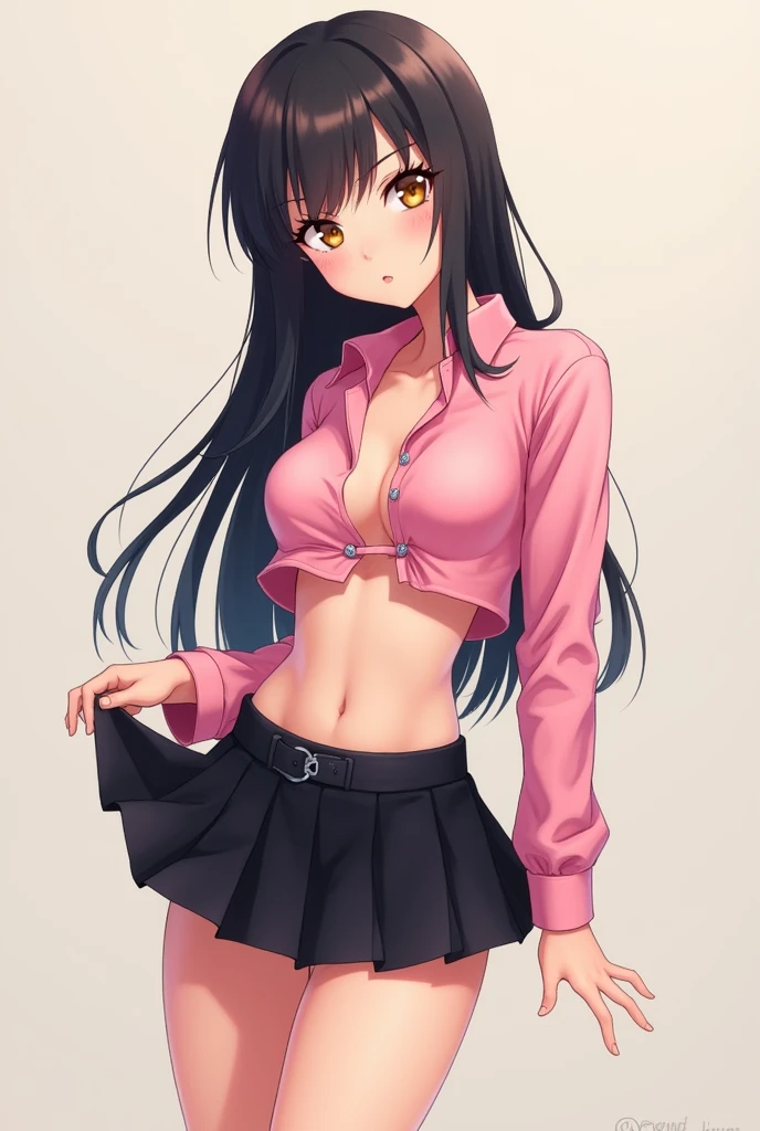 Hot Anime girl , black skirt , pink short shirt , standing position , open shirt two battans