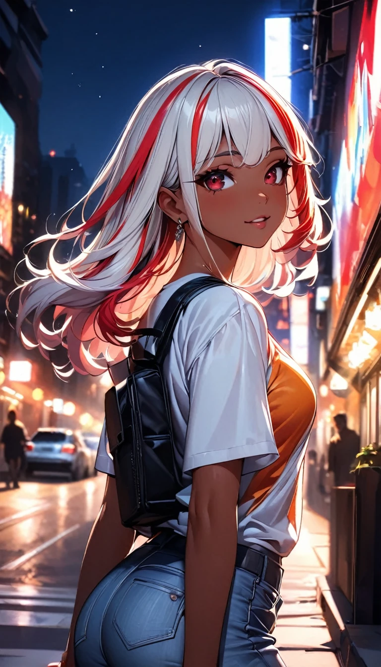 (highest quality:1.2, Very detailed, up to date, Vibrant, Ultra-high resolution, High Contrast, masterpiece:1.2, highest quality, Best aesthetics), Portraiture、girl、singer, solo, ((25-years-old:1)), Bright colors, Beautiful fine details、Beautiful lip detail、medium wave hair、red and white ((streaked hair:1.6)), highlights hair: 1.5, red eyes, slim body, medium breast, (tan skin:1.1), (Floral Fineline tattoo design on left arm:1), (Walking down the busy street at night:1), sparkling city lights, daypack on left shoulder, t-shirt, jeans short, long boots, looking back, cowboy shot