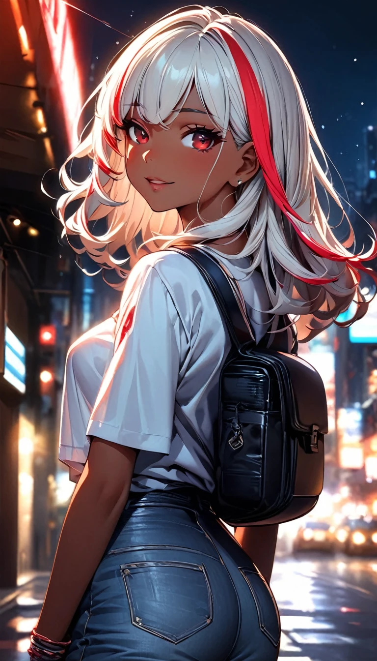 (highest quality:1.2, Very detailed, up to date, Vibrant, Ultra-high resolution, High Contrast, masterpiece:1.2, highest quality, Best aesthetics), Portraiture、girl、singer, solo, ((25-years-old:1)), Bright colors, Beautiful fine details、Beautiful lip detail、medium wave hair、red and white ((streaked hair:1.6)), highlights hair: 1.5, red eyes, slim body, medium breast, (tan skin:1.1), (Floral Fineline tattoo design on left arm:1), (Walking down the busy street at night:1), sparkling city lights, daypack on left shoulder, t-shirt, jeans short, long boots, looking back, cowboy shot