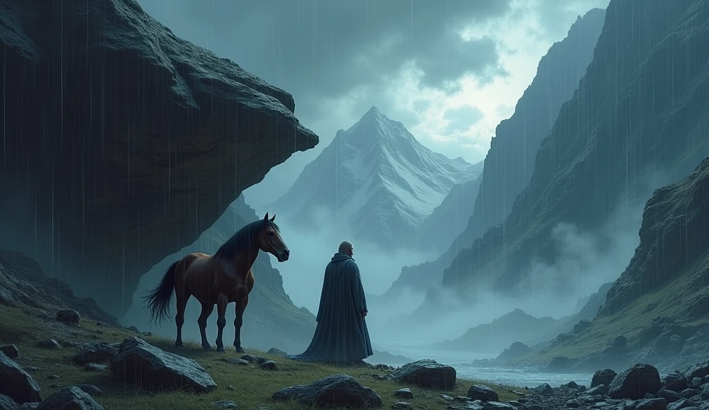 Sudden Storm**: A sudden storm hits the mountains, with the sage and घोड़ा caught in the downpour, seeking shelter under a large overhanging rock.