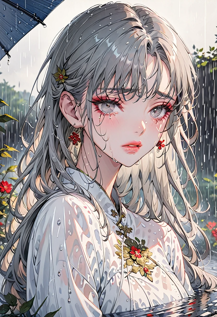 (Highest quality,Very detailed,High resolution:1.2),Beautiful girl crying in the rain，Soaking wet，Dilated grey eyes，very_Long eyelashes, Detailed lips, Cool look, Soft Skin, ,Exquisite makeup,