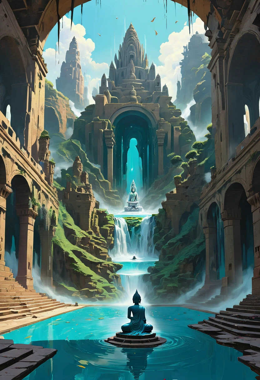 Waterfall, Ruined Buddha Statue, ((parallax: 1.4)), summoning, distortion, veil, sacrifice, gear, (fortress: 1.2), archive, heart, spin, glitch, ((abstract: 1.4)), in the style of Salvador Dali, forelimbs, dance, gaseous state, merge, nostalgia, pool of water, purgatory, (ruined city), detailed background, landscape, encryption, vividness, will, (react: 1.2), Buddha Statue Ethereal Astral Odyssey, Epic cinematic, masterpiece
