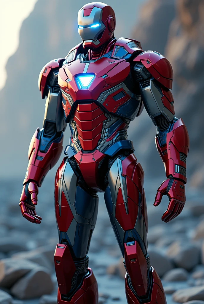a highly detailed iron man exoskeleton, red and blue color scheme. Red black., incredible detailed metal plating, glowing energy cores, advanced technology, dynamic action pose, cinematic lighting, photorealistic, 8k, best quality, hyper realistic, 3d render