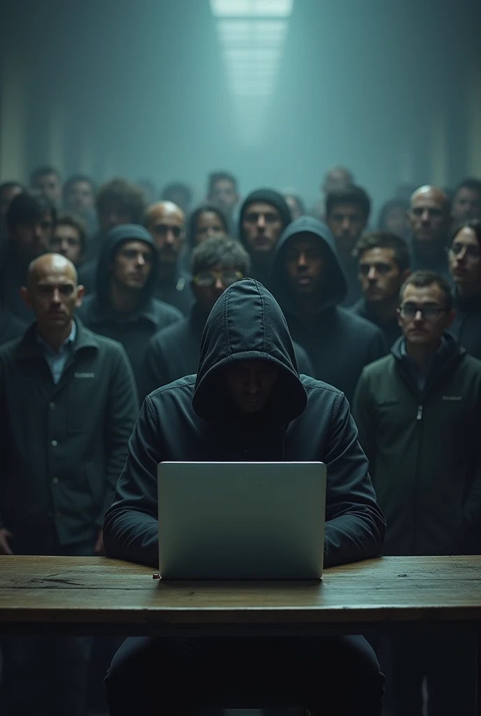 A table with a laptop behind the laptop theres one person and beind that one person theres many person staring at the laptop make it everyone is looking at the laptop