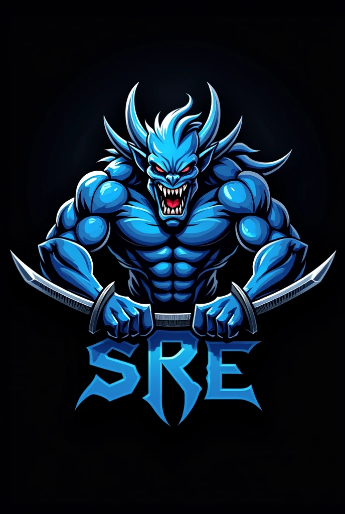The mobile esports squad logo has a scary blue monster in the logo and is holding the words SRE (black background) and have two katana