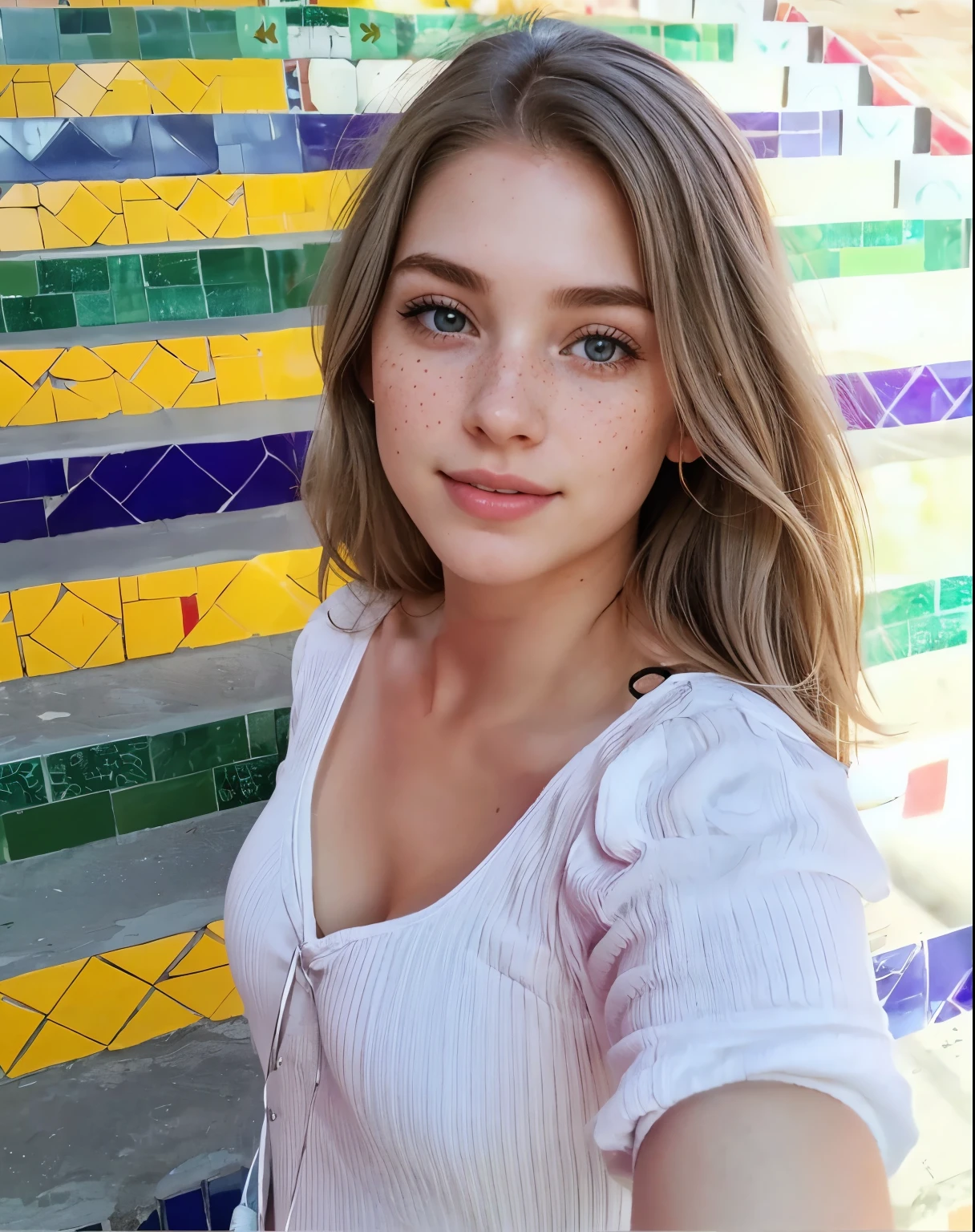 Woman, americana, age 25, pale skin and freckles, gray eyes, delicate nose, soft and delicate lips, far away, cabelo blondie far away e ondulado na altura da cintura, sweet smile, face with delicate feminine facial features, highly rendered