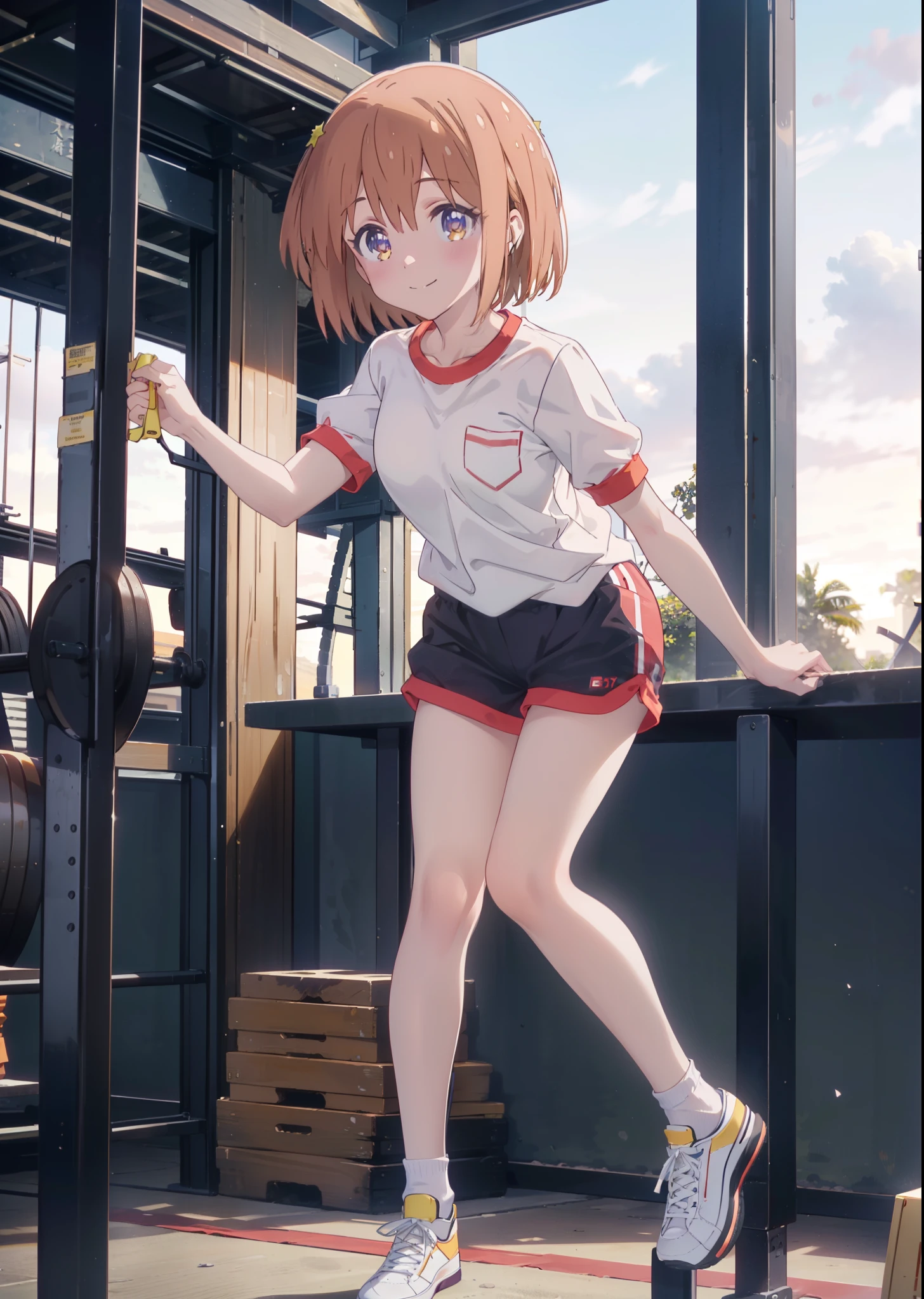 Mira Konohata, evening,Sunset sky,Seaside,orange clouds,Check it out, short hair, bangs, orange hair, (Purple eyes:1.2),(Gym clothes with short sleeves:1.5), Gymnastics, (Girl wearing gym clothes), (Girl in gym clothes),Leaning forward, Sportswear,覗き込む, Blue_Shorts, White knee-high socks,Focus on the feet,White_sneakers, White_sports boots,Daytime,Clear skies,Palm tree,Walking,smile,Close your mouth,blush,whole bodyがイラストに入るように,Focus on shoes,
BREAK outdoors, tropical,Tropical,Coastal Road,
BREAK looking at viewer, whole body,
BREAK (masterpiece:1.2), Highest quality, High resolution, unity 8k wallpaper, (figure:0.8), (Beautiful attention to detail:1.6), Highly detailed face, Perfect lighting, Highly detailed CG, (Perfect hands, Perfect Anatomy),