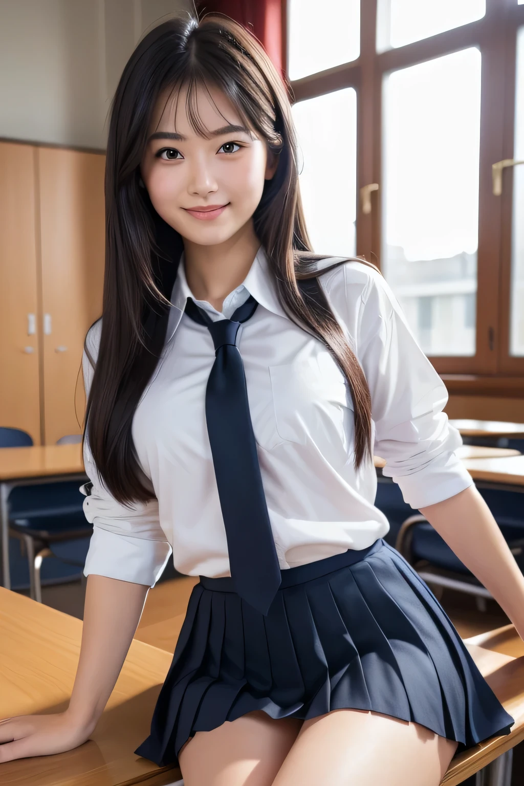 (8k, RAW Photos, Highest quality, masterpiece: 1.4), (Realistic, photoRealistic: 1.4), Soft Light, whole body、Knee Shot, 1 person, Japan, young woman, cute, (pupil, Light in your eyes), Beautiful face in every detail, (Long Hair), Black Hair, Middle chest, Natural skin texture, indoor, Schoolgirl Uniform、White shirt, tie, Dark navy pleated skirt, Showing off your breasts, In a high school classroom, Looking at the audience, smile