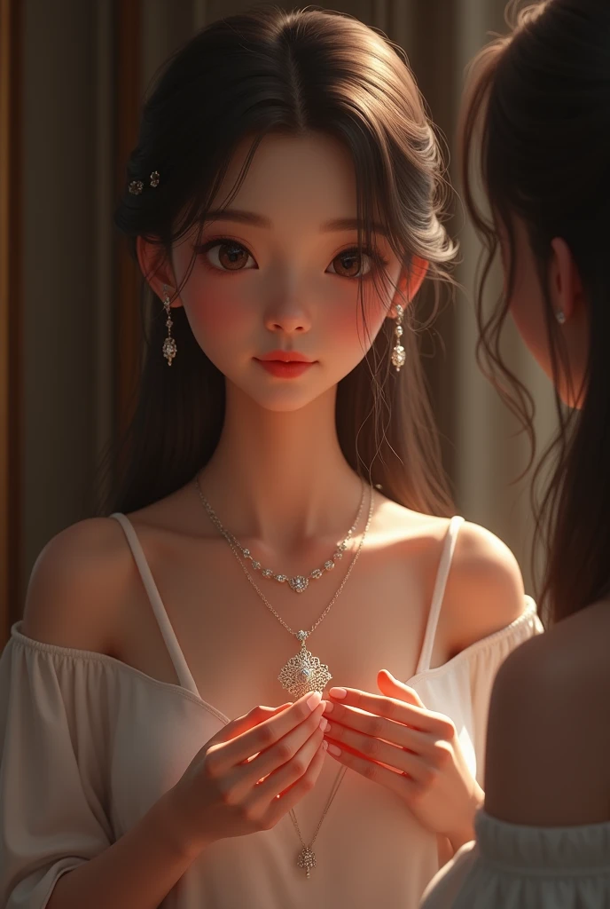 a mature girl borrowing a necklace from another girl

