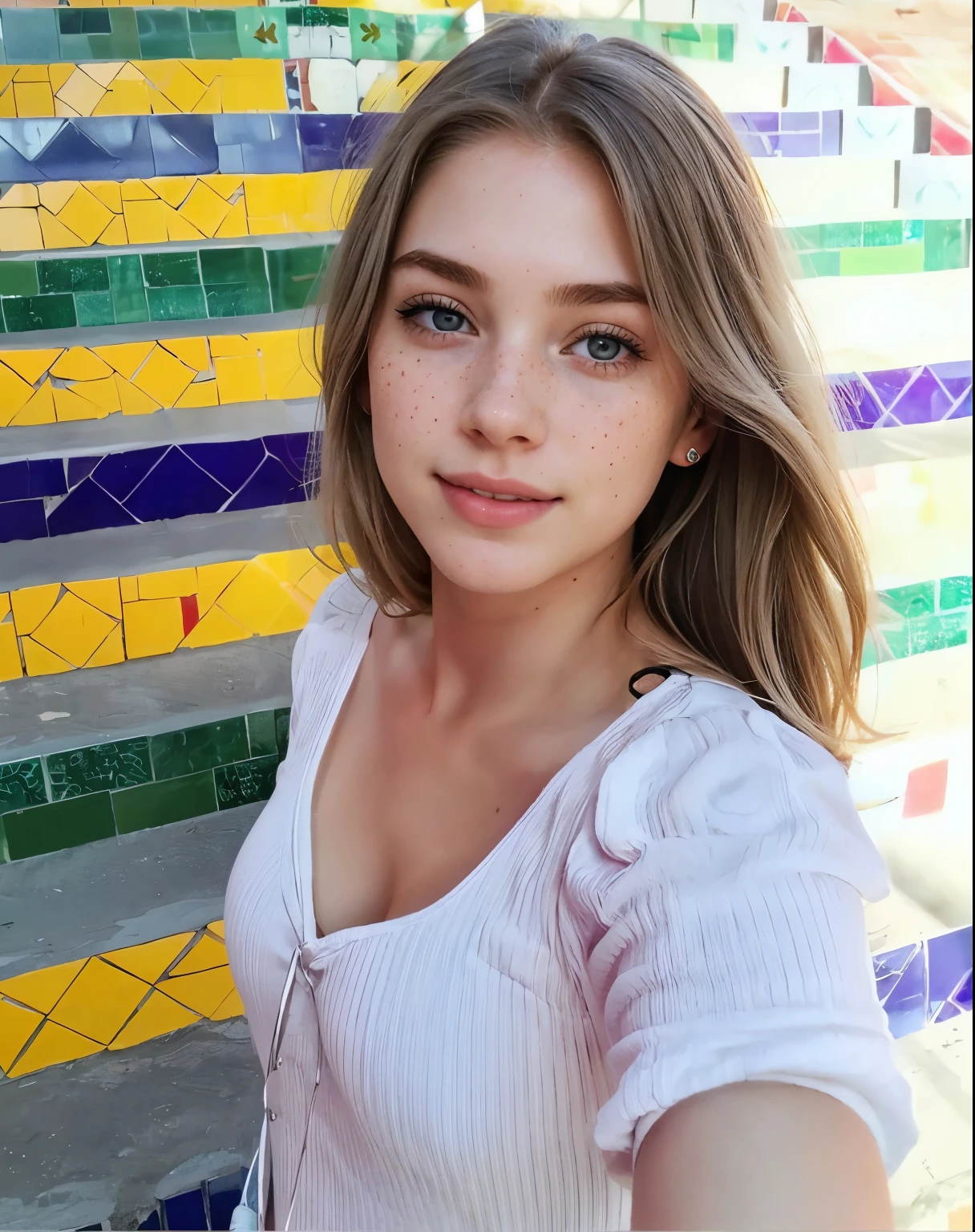 Woman, americana, age 25, pale skin and freckles, gray eyes, delicate nose, soft and delicate lips, far away, cabelo blondie far away e ondulado na altura da cintura, sweet smile, face with delicate feminine facial features, highly rendered