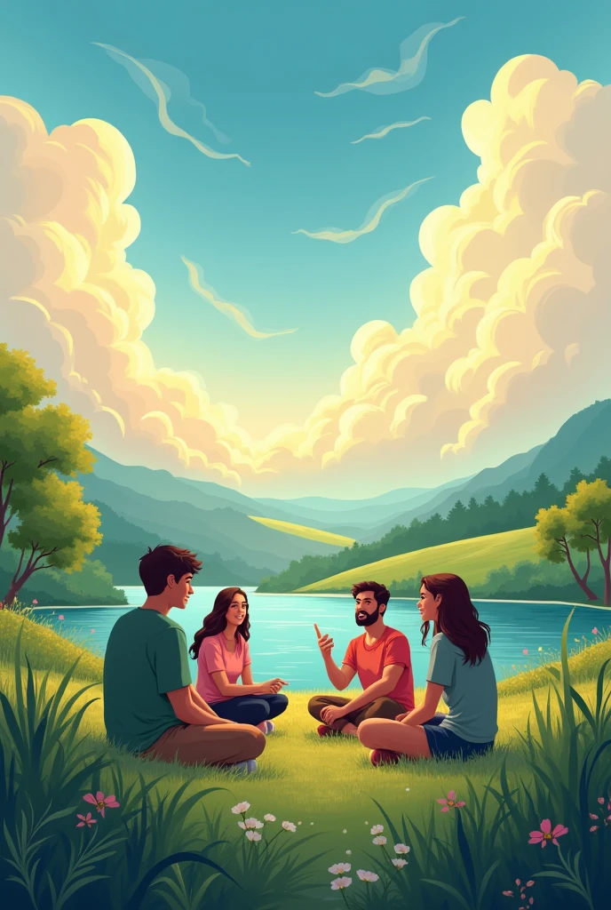 Make me an infographic background that has natural elements,cloud,sun,and a group of teenagers sitting discussing