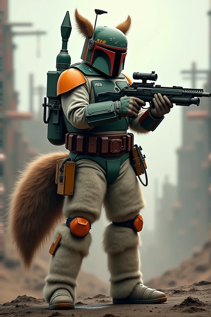 I want a picture of boba fett, with furry ranks, fluffy ears and tail, aiming his blaster