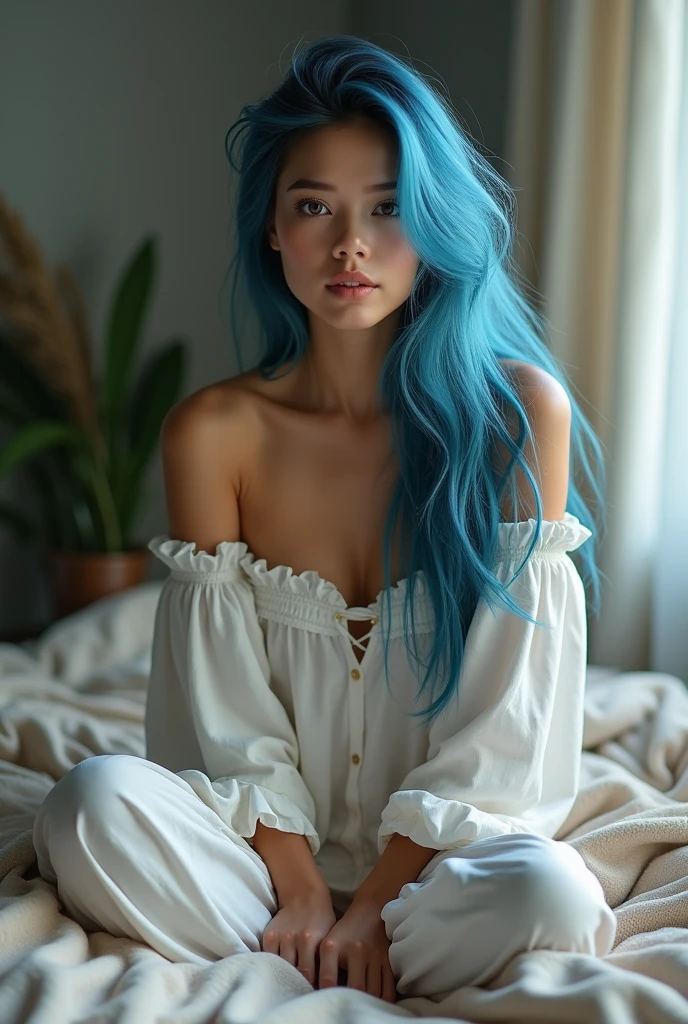 beautiful woman, sitting on bed, wearing loose off-shoulder top, pajama pants, long hair and blue hair.