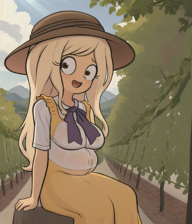 extremely detailed,  look at the viewer, One, ((medium breast)), ((belly stuffed)), ((huge belly)), ((Very drunk)),  1girl, solo, coco, blonde hair, long hair, swept bangs, bangs, brown eyes, dark skin, dark-skinned female, wide-eyed, ((sundress)), looking at viewer,  vineyard, hat, bush, tree, sitting, on ground, cowboy shot, arm support, depth of field, looking at viewer, sunshine, happy,