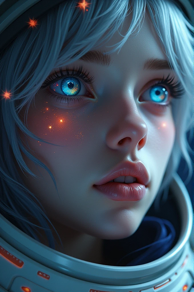 (Close-up of a better masterpiece:1.5)0.9], (Space and astronauts:1.2) (Messy silver hair:1.1) (Heterochromia xanthochromia and blue eyes:1.2) (Space Helmet:1.0) (Colored stars in the eyes:1.0) (A radiant glow:1.1) (thick lips:0.9)