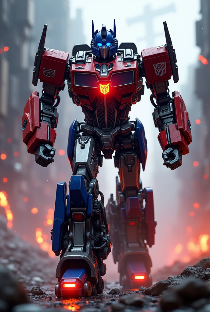 A highly detailed, cinematic image of Optimus Prime, the iconic Autobot leader, running with powerful robotic energy, surrounded by a dynamic, futuristic environment, (best quality,8k,photorealistic,ultra-detailed,masterpiece:1.2),(realistic robot,extremely detailed robot,hyper-realistic robot:1.37),dynamic pose,dramatic lighting,vibrant colors,cinematic composition,Cybertron-inspired background,mechanical details,glowing energy effects,Autobot insignia