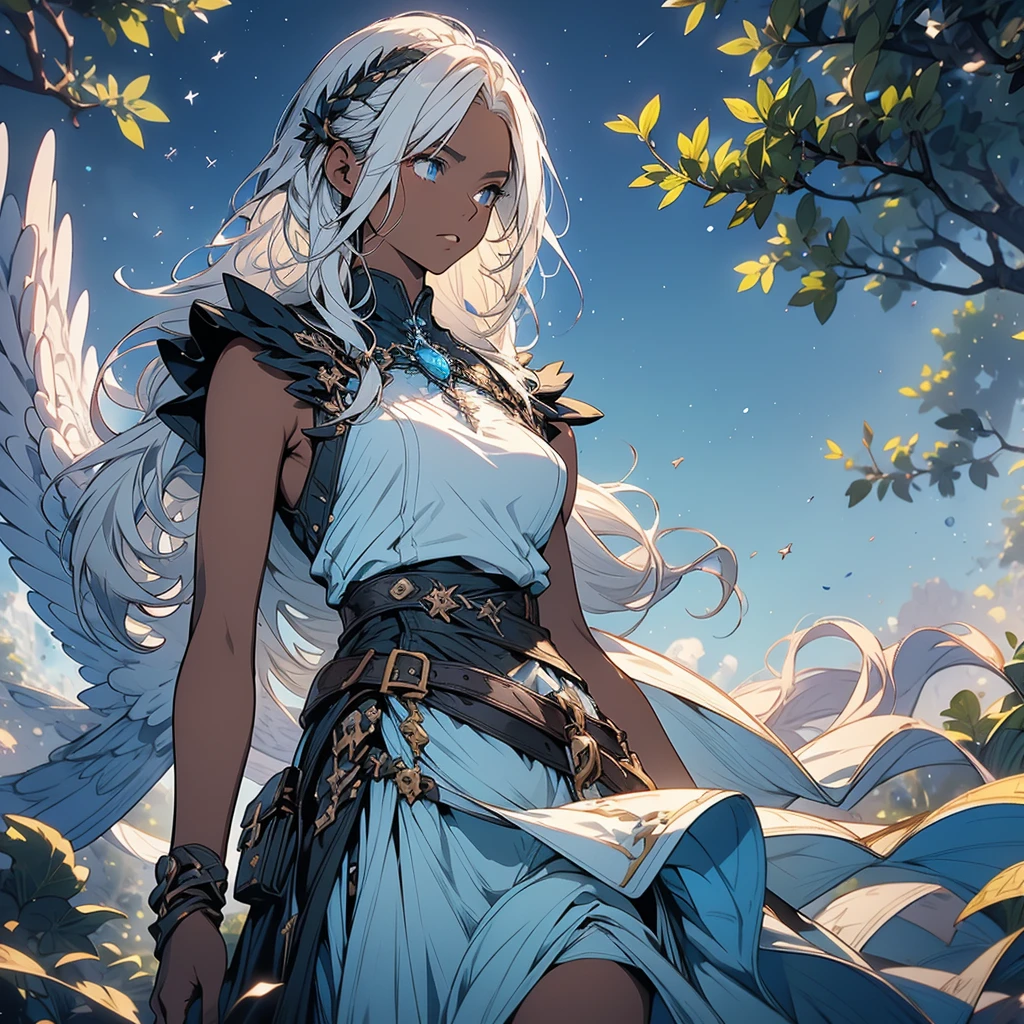 Male deity with black skin and white hair, medium hair, short bangs. Bright sky blue eyes. Green branches with elongated leaves. Dark blue with green sparkles reminiscent of a starry night sky. a large pair of wings. Black high-neck blouse, sleeveless. Modern coat with ocean details, belt at the waist with bag. mystical atmosphere, delicate brushwork, magical scenery, Peaceful and serene. detailed clothing. nature background (best qualityer, high resolution, ultra detali).