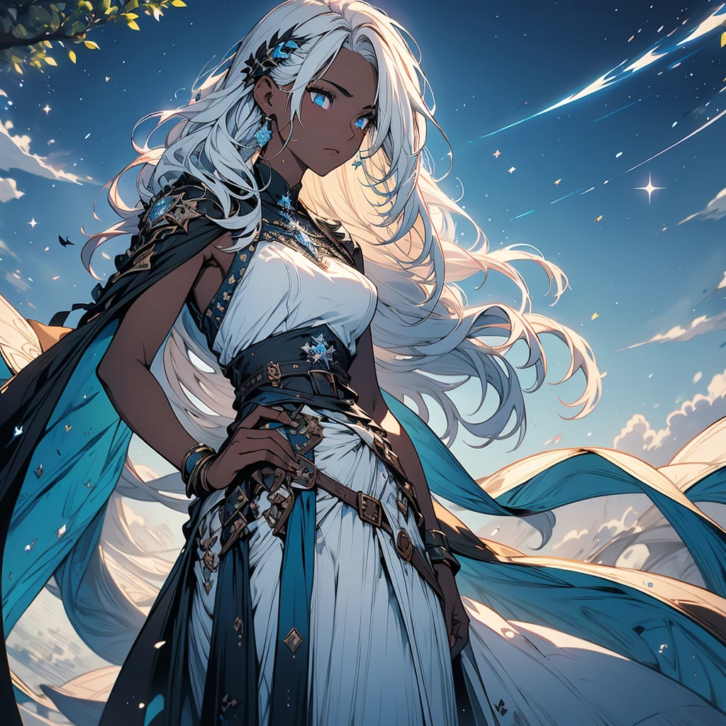 Male deity with black skin and white hair, medium hair, short bangs. Bright sky blue eyes. Green branches with elongated leaves. Dark blue with green sparkles reminiscent of a starry night sky. a large pair of wings. Black high-neck blouse, sleeveless. Modern coat with ocean details, belt at the waist with bag. mystical atmosphere, delicate brushwork, magical scenery, Peaceful and serene. detailed clothing. nature background (best qualityer, high resolution, ultra detali).