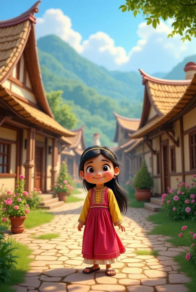 A picturesque village with traditional houses, featuring a young girl named Ayesha standing happily in the foreground