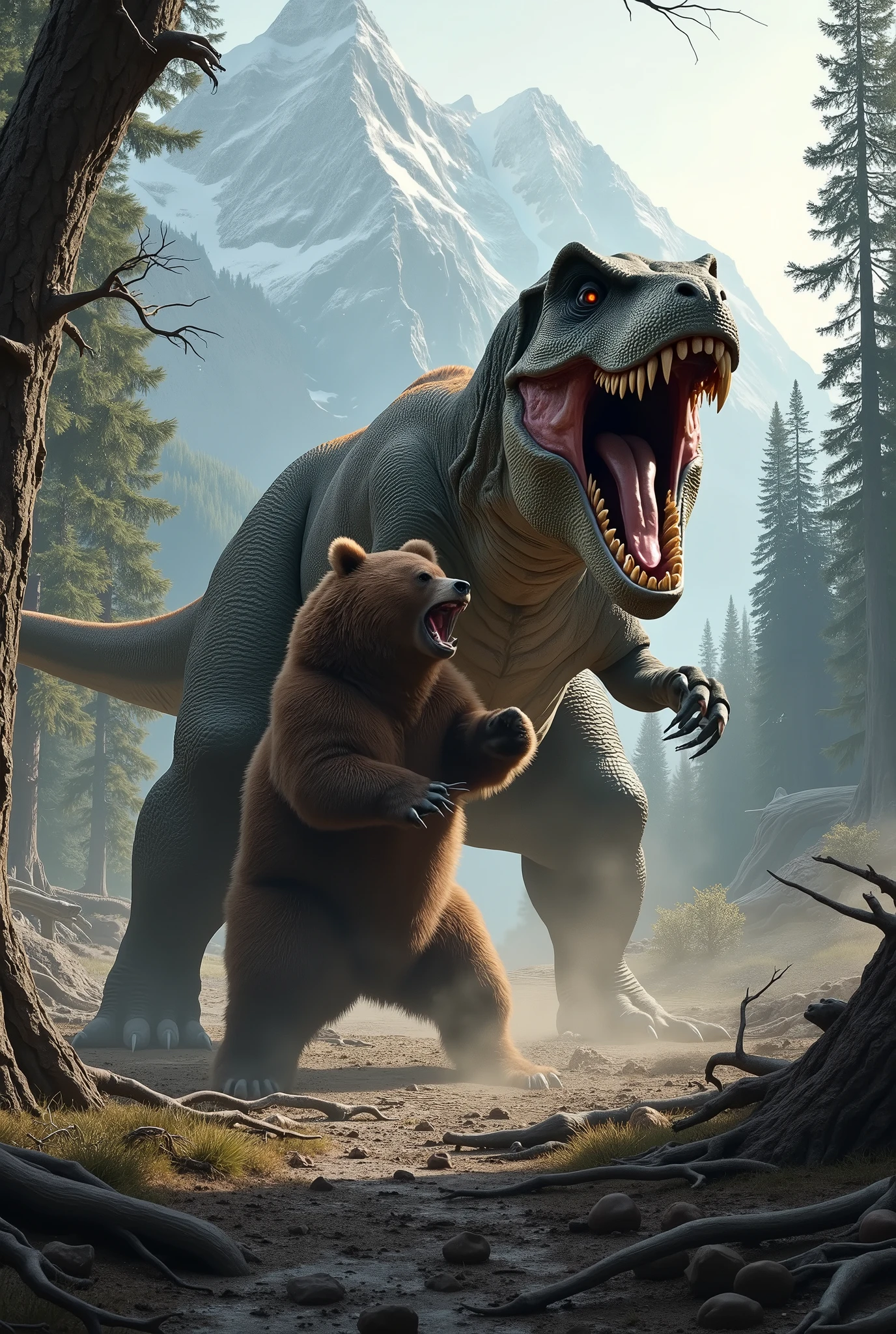 Create a photo of a tyrannosaur fighting with a brown bear