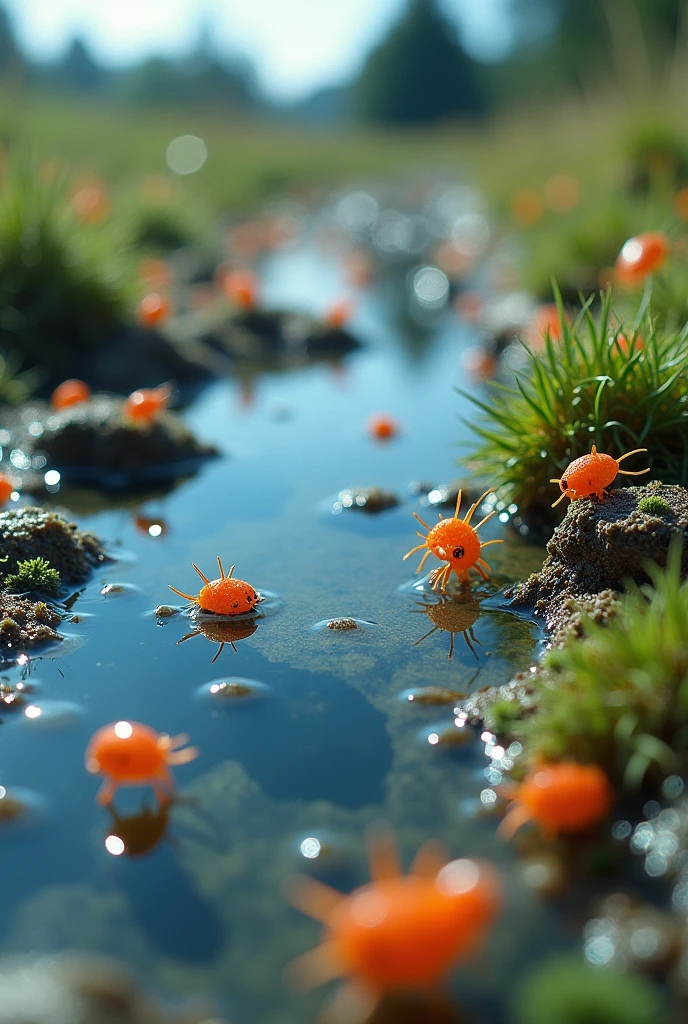 colorful, highly detailed macro shot of the very complicated life in a puddle