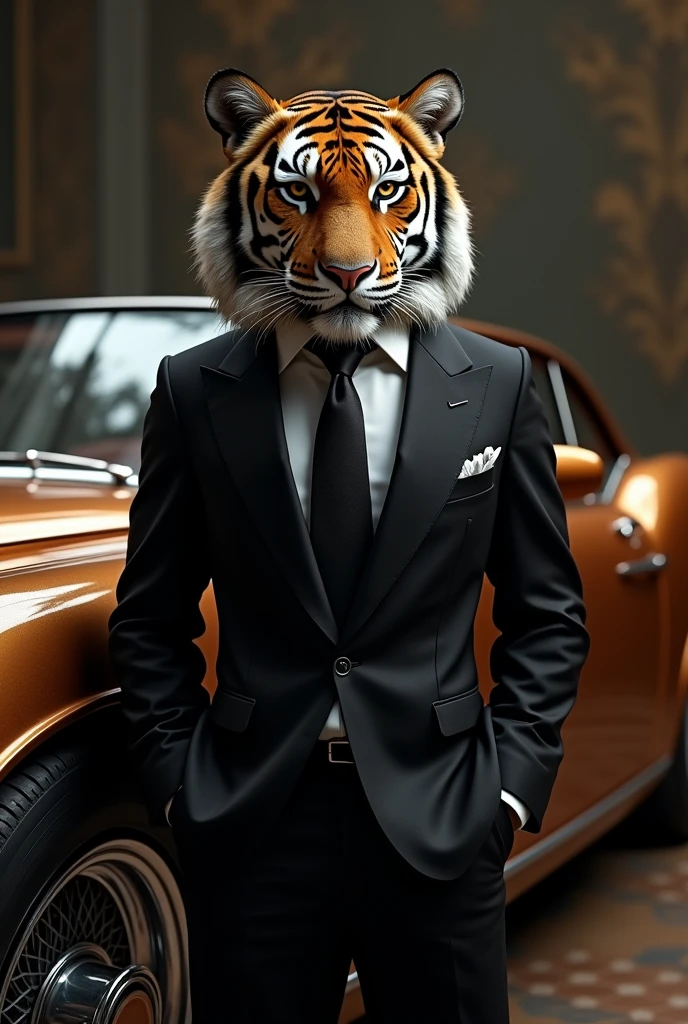 Tiger with black suit and stand next to a lucuary car