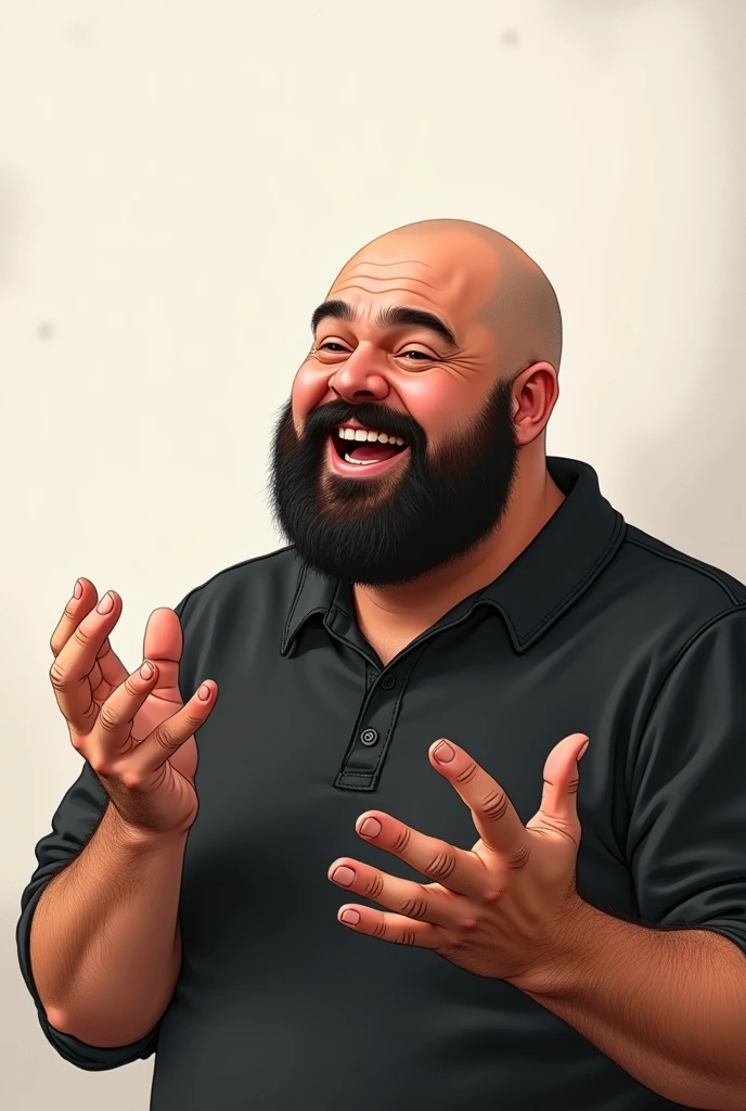 Create a prompt for a drawing: Draw a chubby man with a beard wearing a black shirt, engaged in conversation. Careca