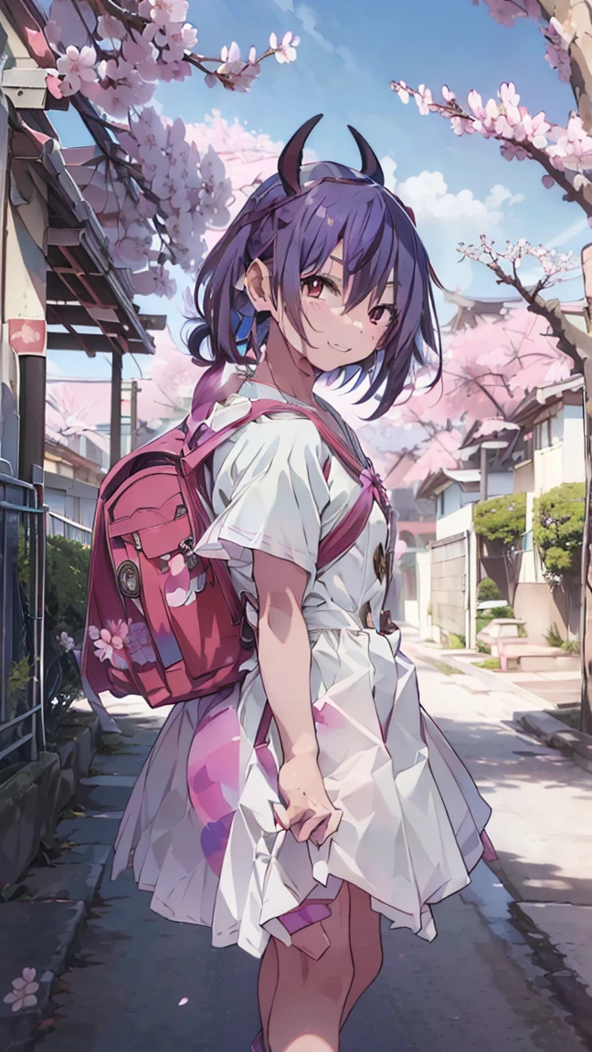 masterpiece, Highest quality, High resolution, Very detailed,(((Mikoto Naruka))), (((smile)))、(((Standing in the distance))), (((Carrying a school bag。))), (((Sidewalk))), (((cherry blossoms))), (((Multicolored Hair))), (((horn))), (((Pink Eyes)))